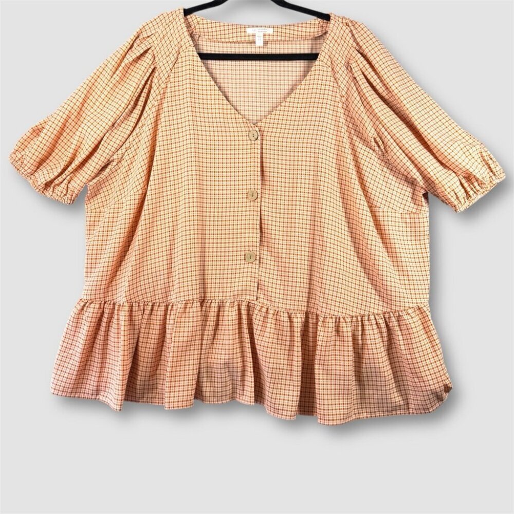 LC Lauren Conrad White Orange Preppy Plaid Balloon Sleeve Peplum Top Size 4x